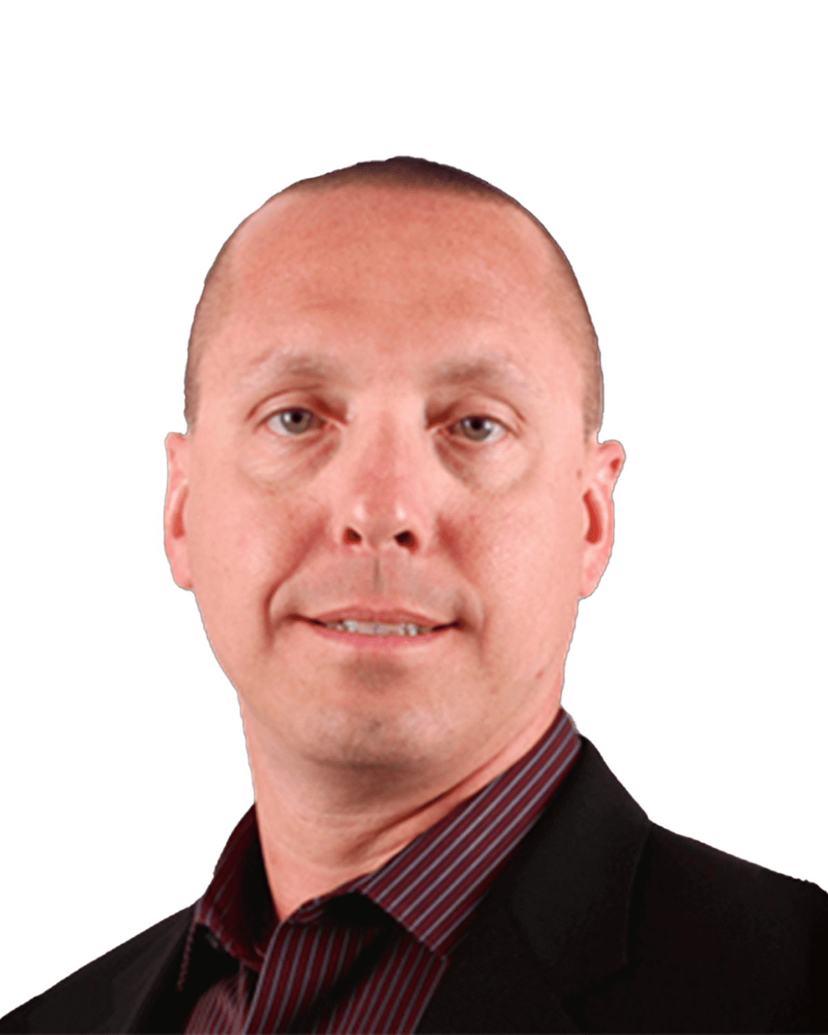 Man in striped shirt and black jacket.