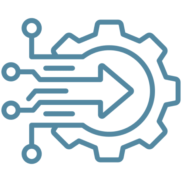 A blue and white image of a gear with an arrow