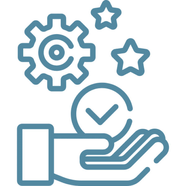 A blue icon of a hand with stars and a check mark.
