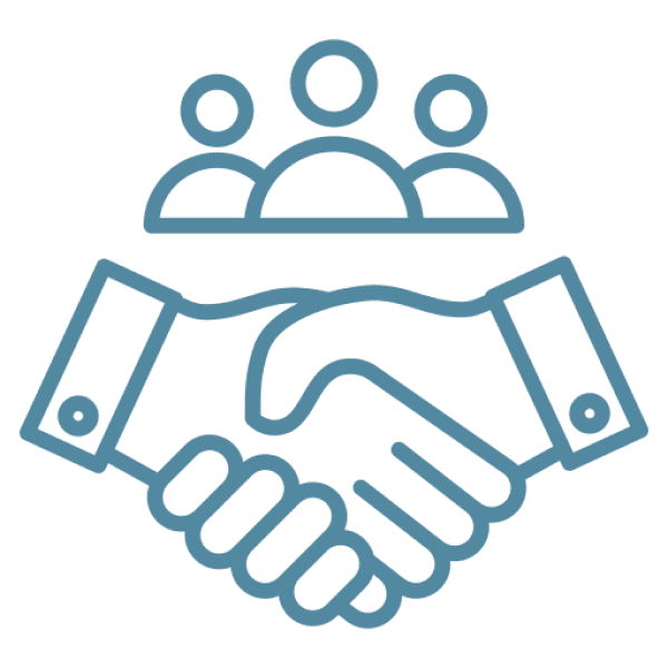 A blue icon of two hands shaking with people in the background.