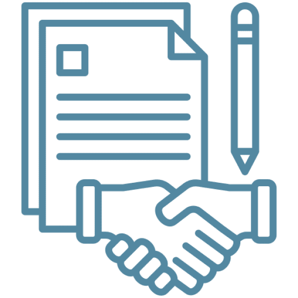 A blue line drawing of two hands shaking over papers.