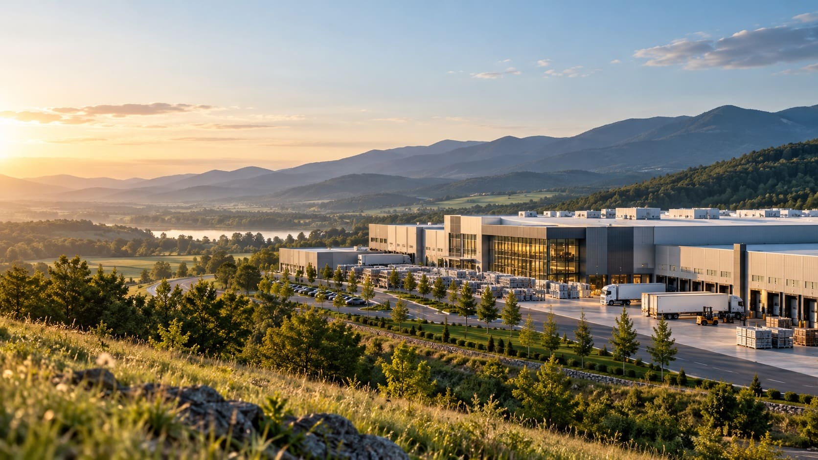 Illustrative manufacturing campus in a mountain valley