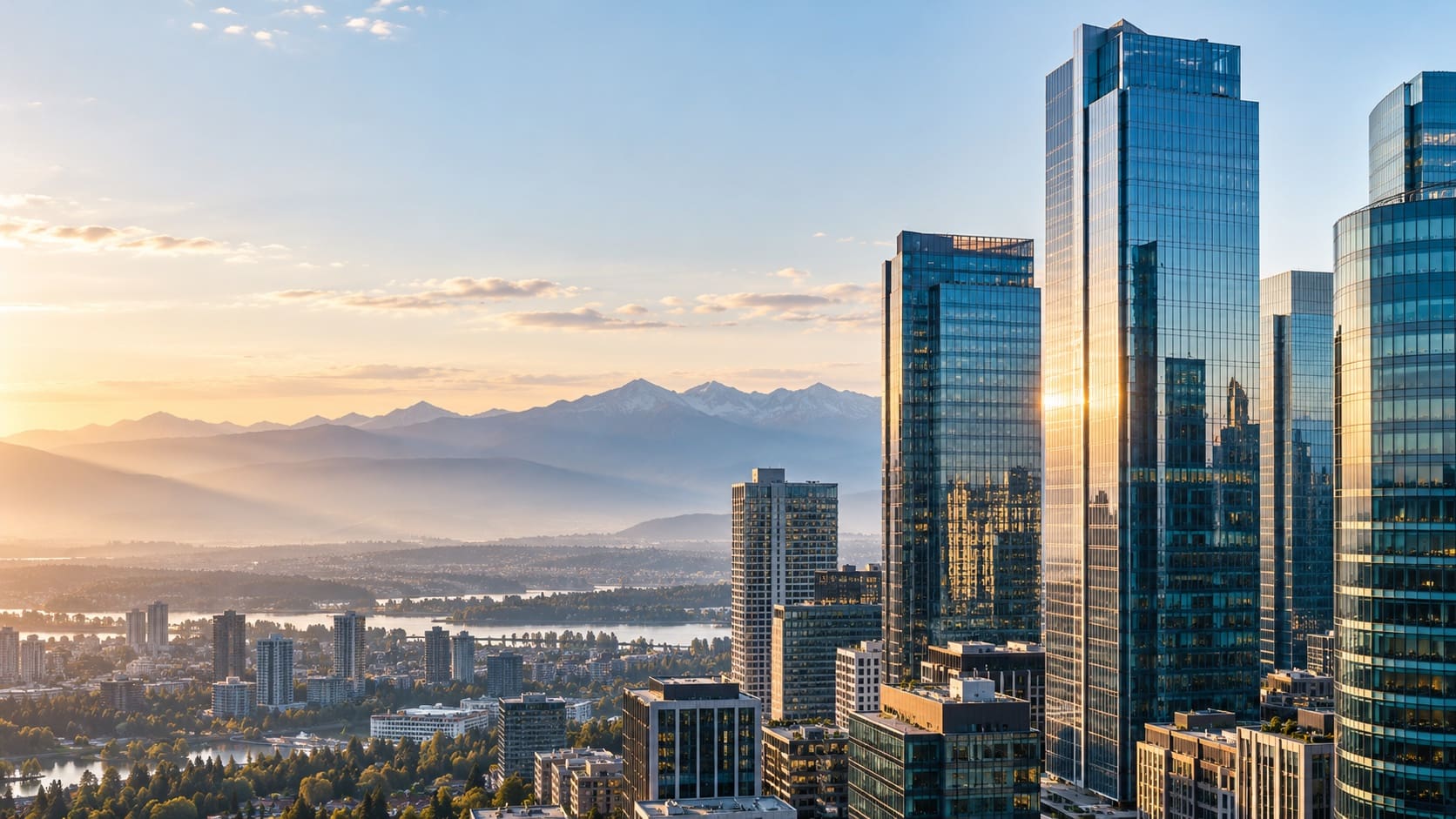 Illustrative office towers against a mountain horizon