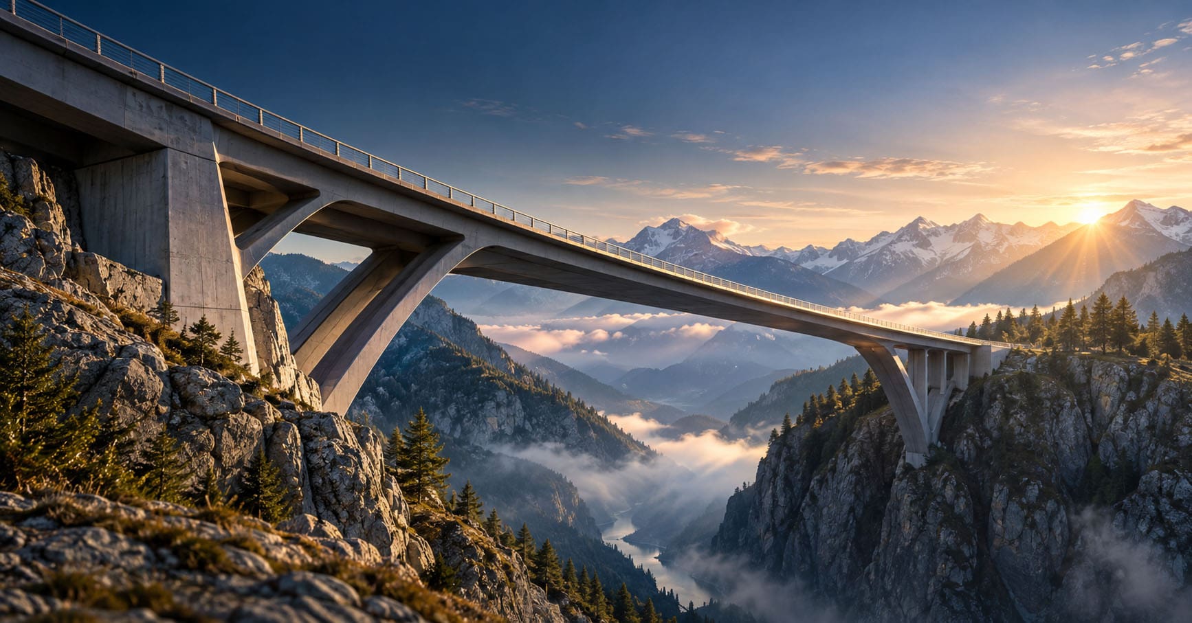 Conceptual bridge spanning a mountain gorge at dawn, illustrating the foundation for finance readiness.